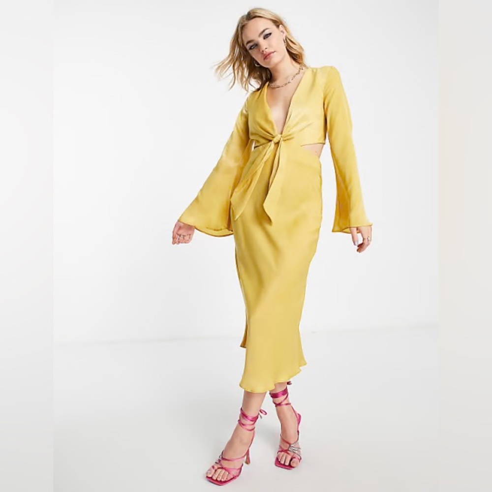 ASOS DESIGN yellow satin midi dress with tie front and cut out sides